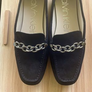Calvin Klein Leather black loafers size 7 with silver chain